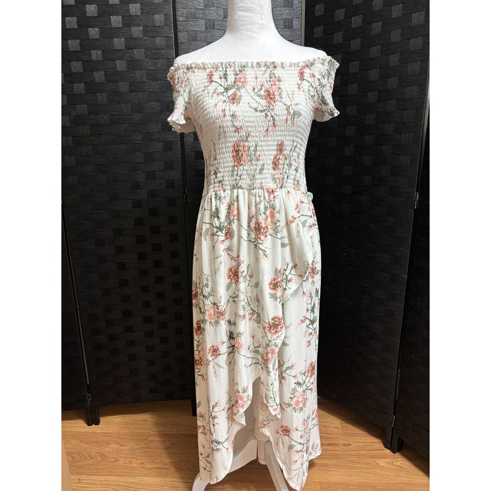 Ardene Dress White Pink Floral Off Shoulder Smocked High Low Boho Cottage L